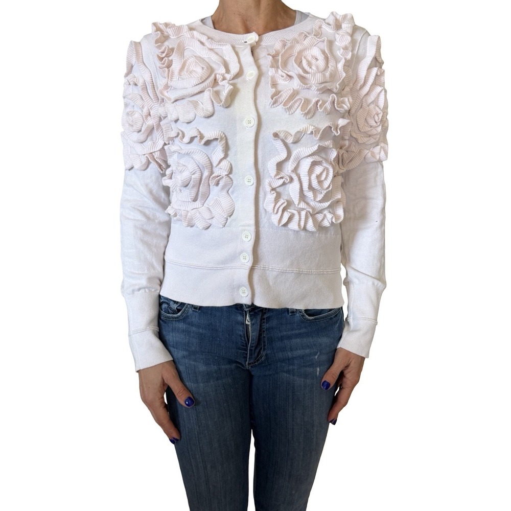 SONIA BY SONIA RYKIEL Women's Cardigan Sweater Light Pink Ruffle Knit Cotton XS